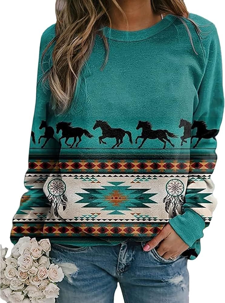 Aztec Sweatshirt Women Long Sleeve Crewneck Retro Western Shirts Geometric Ethnic Sweatshirt Casu... | Amazon (US)