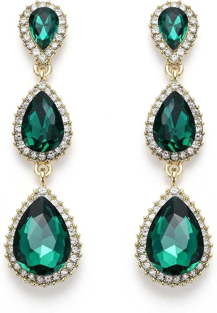 EleQueen Women's Gold-tone Austrian Crystal Teardrop Pear Shape 2.5 Inch Long Earrings | Amazon (US)