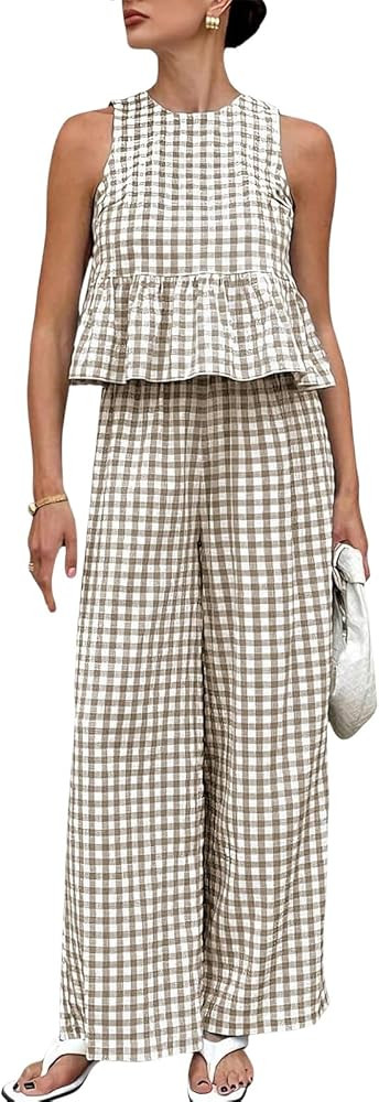 Womens Gingham 2 Piece Set Sleeveless Ruffle Tank Wide Leg Pants | Amazon (US)
