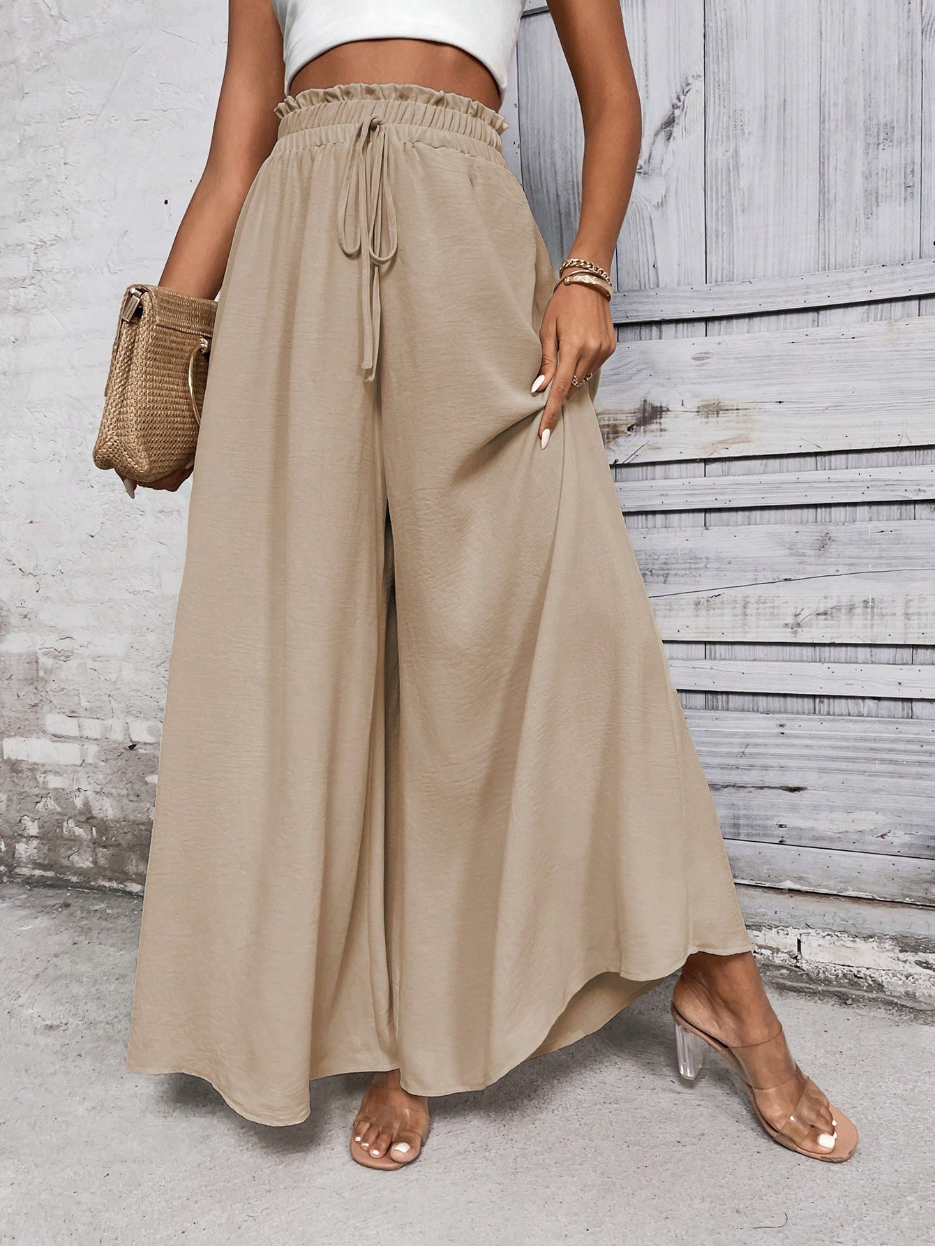 SHEIN LUNE Paperbag Waist Knot Front Wide Leg Pants | SHEIN