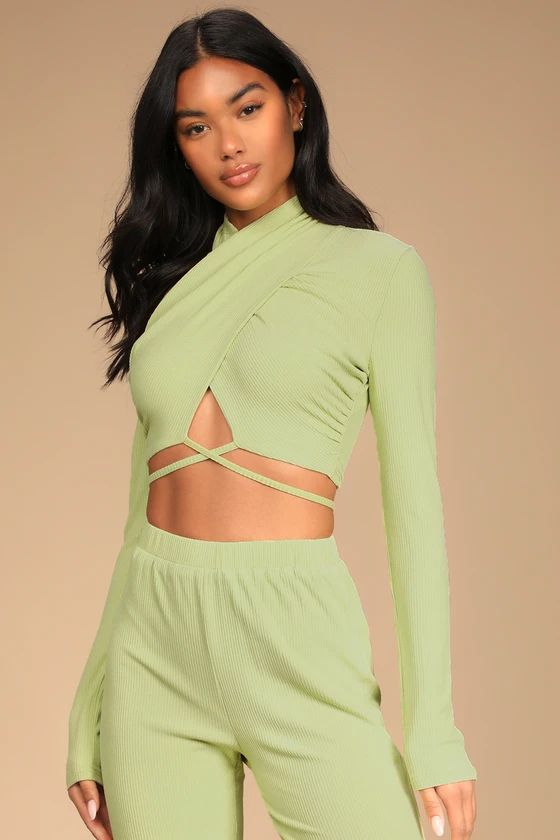 Freestyle 'Fit Light Green Ribbed Cross-Front Tie-Waist Crop Top | Lulus (US)