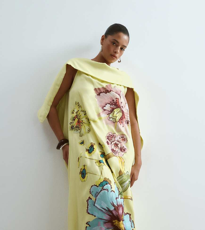 ARRANGE Curve large botanical floral satin drape maxi dress in lime green | ASOS (Global)