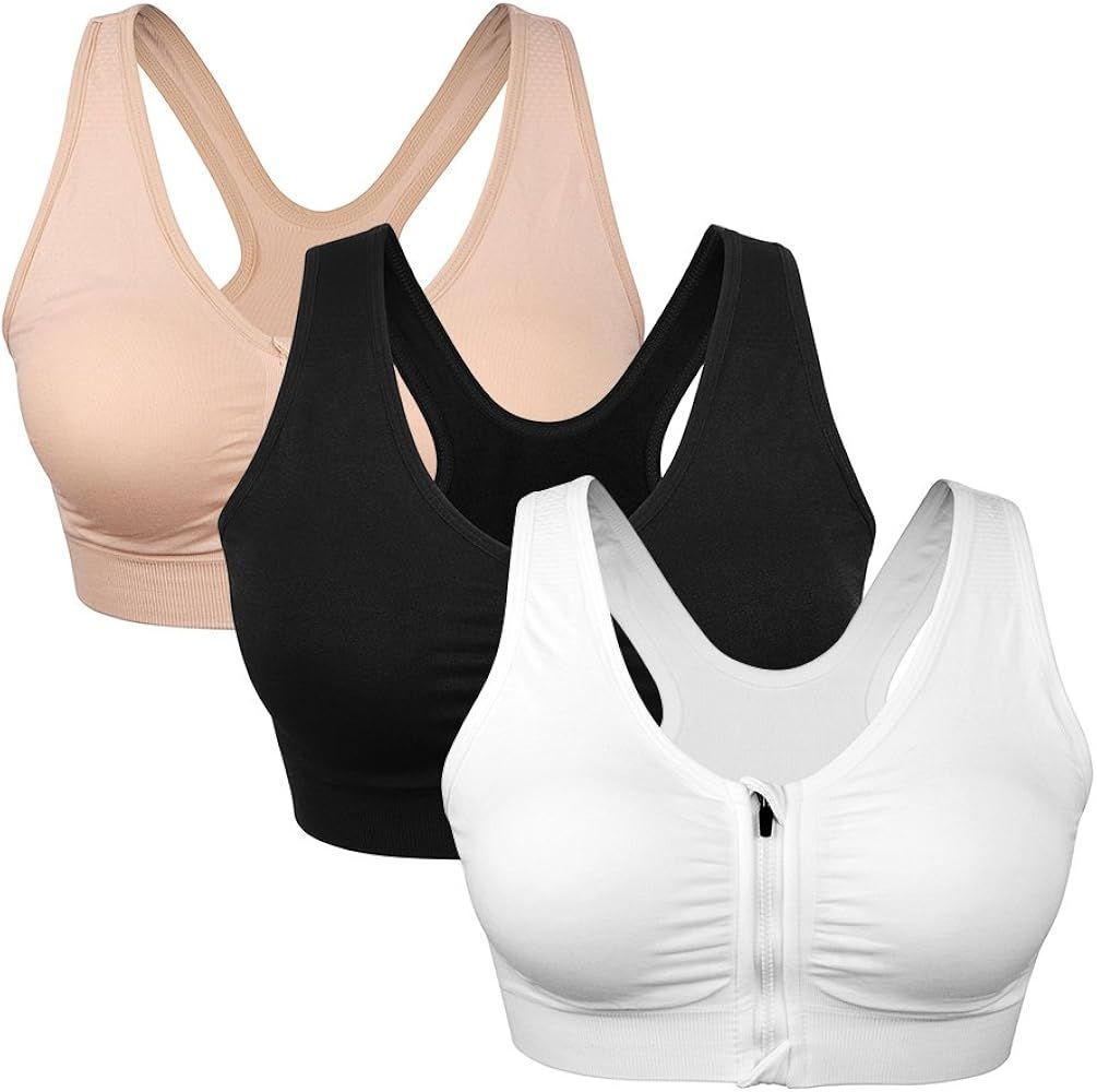 Women's Zip Front Sports Bra Wireless Post-Surgery Bra Active Yoga Sports Bras | Amazon (US)