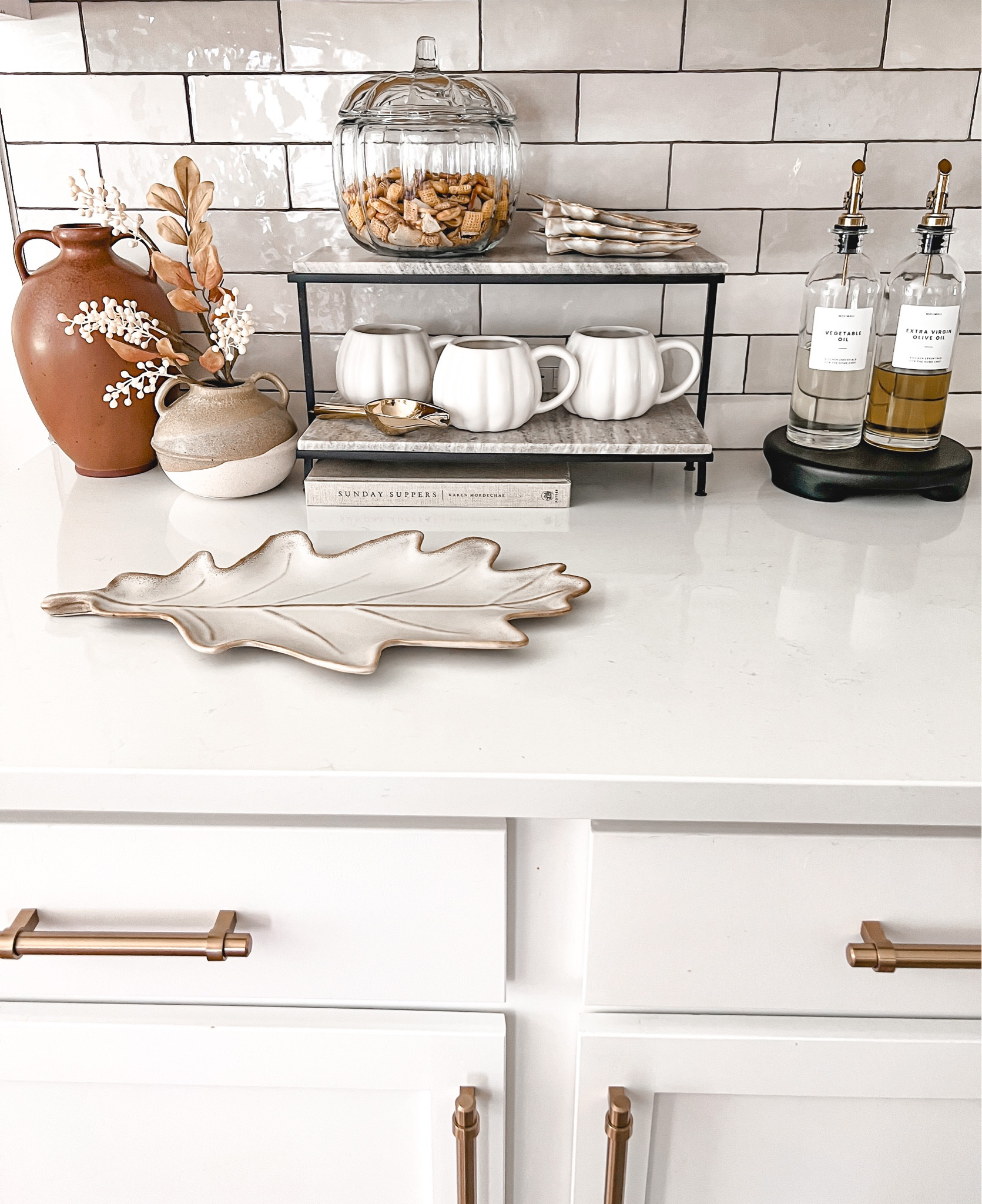Fall counter styling inspo✨ I currently have the tiered stand styled for Fall but it’s so beautiful to display mugs or as a coffee station! 

*small leaf stem is from Hobby Lobby

#LTKstyletip #LTKSeasonal #LTKhome