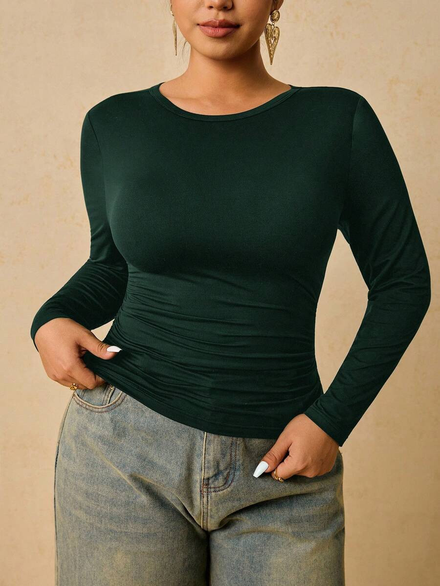 Freevana Plus Size Women Black Long Sleeve Round Neck Thermal Undershirt, Waist Ruched Tummy Control T-Shirt Winter | SHEIN