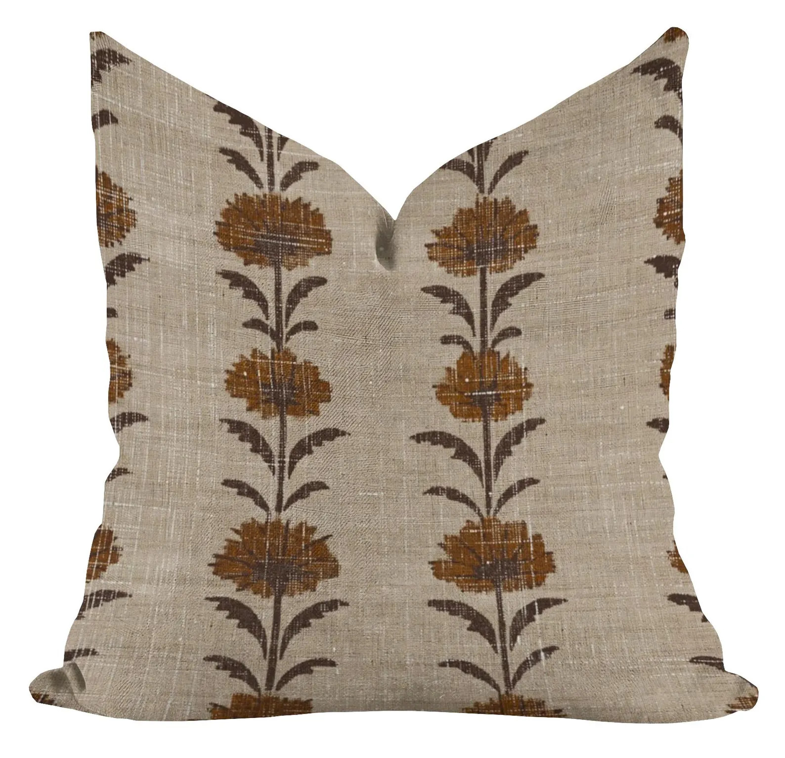 Marigold Floral Block Print Pillow Cover: Mustard Stripe Linen, Vintage Farmhouse Cushion | Etsy (US)