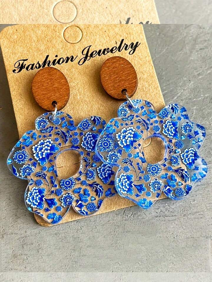 1 Pair Of Simple Acrylic Flowers Wood Flowers Geometric Modern Floral Earrings For Women Drop Ear... | SHEIN