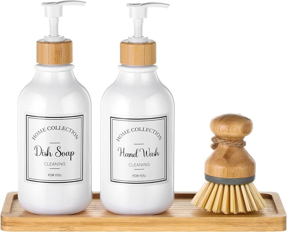 4 Pieces Kitchen Soap Dispenser Set 16 oz Dish Soap Dispenser with Bamboo Pump Soap Tray and Dish... | Amazon (US)