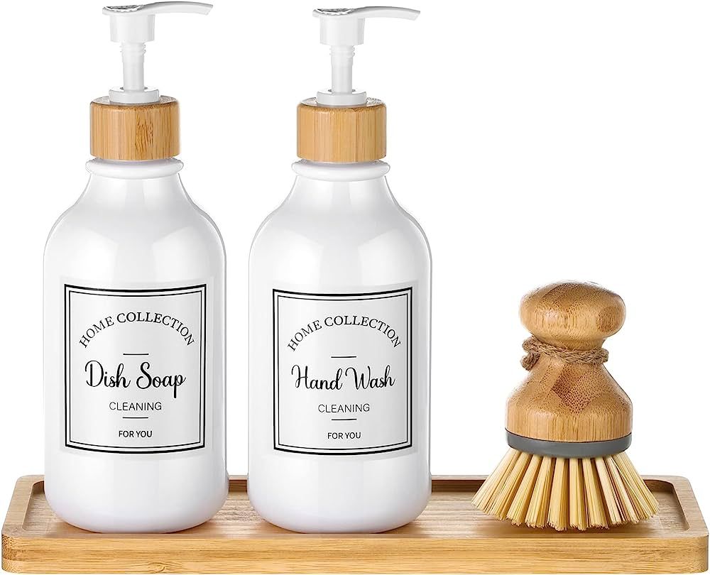 4 Pieces Kitchen Soap Dispenser Set 16 oz Dish Soap Dispenser with Bamboo Pump Soap Tray and Dish... | Amazon (US)