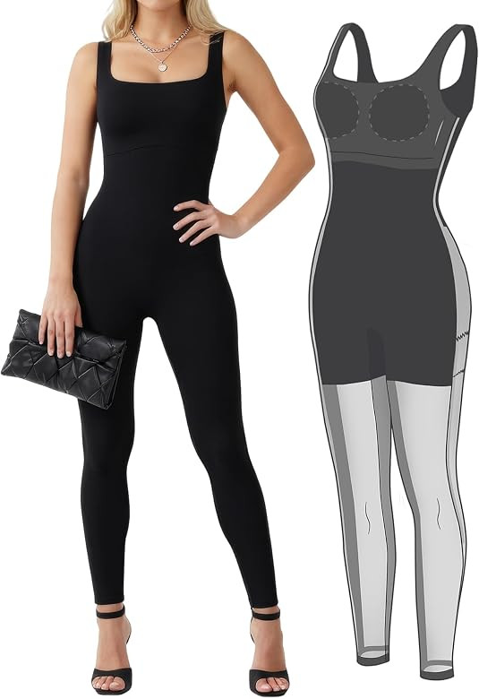 Popilush Jumpsuits for Women Built In Shapewear Tummy Control Bodysuit Body Shaper Square Neck Sp... | Amazon (US)