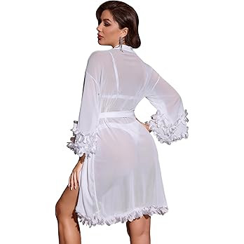OYOANGLE Women's Mesh Sheer Appliques Trumpet Floral Sleeve Belted Sleep Robe Bridal Wedding Ling... | Amazon (US)