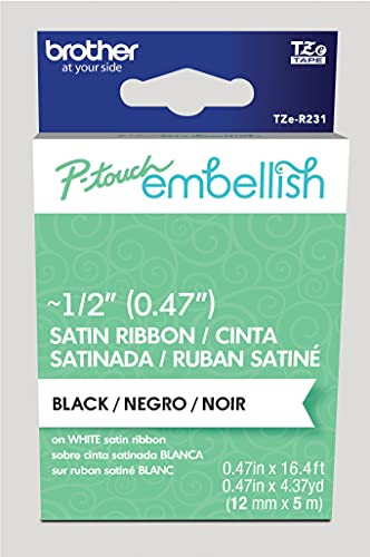 Brother P-touch Embellish Black Print on White Satin Ribbon TZER231 – ½” Wide x 13.1’ Long for use w | Amazon (US)
