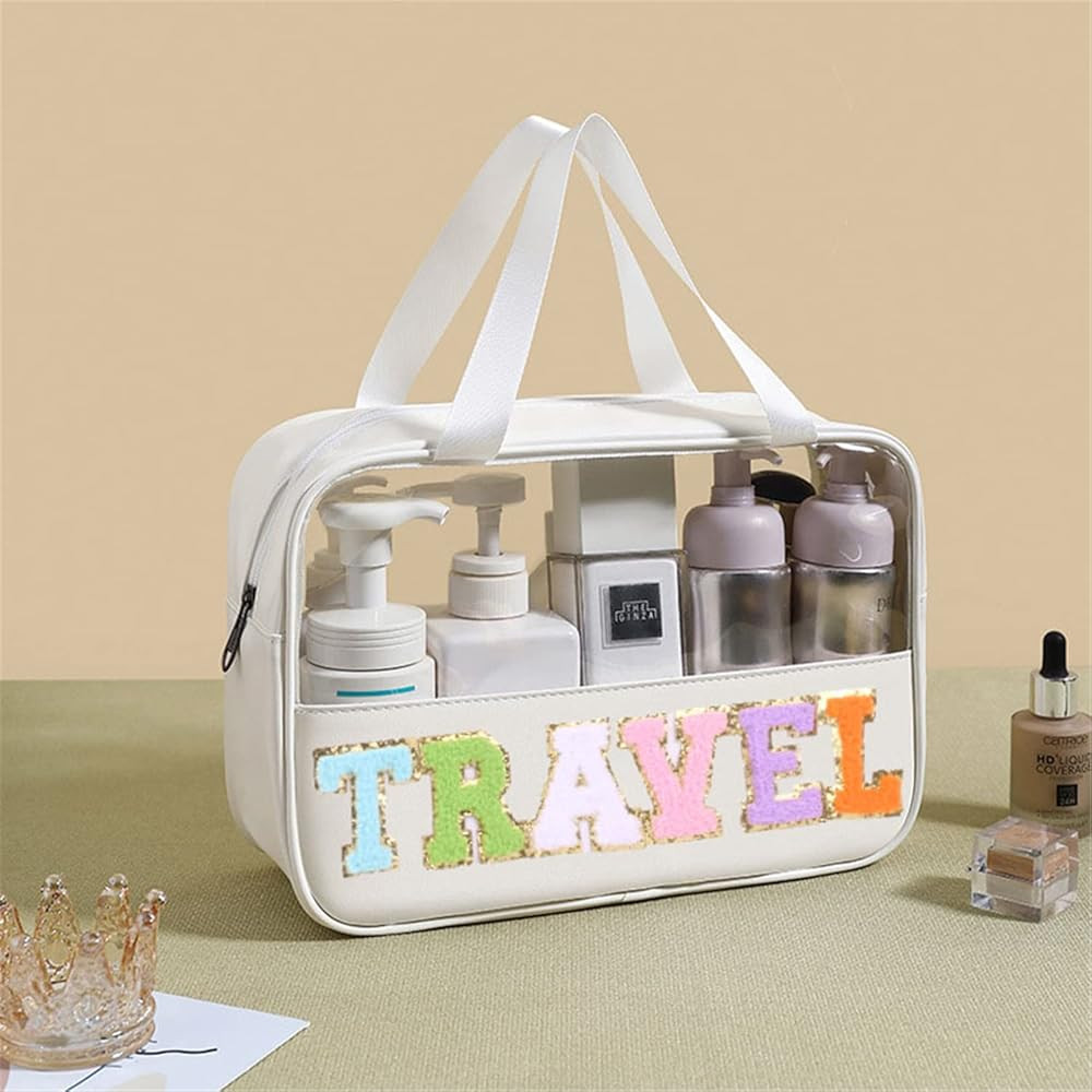 CRUOXIBB Chenille Letter Patch Clear PVC And PU leather Large Travel Makeup Toiletry Storage Bag ... | Amazon (US)