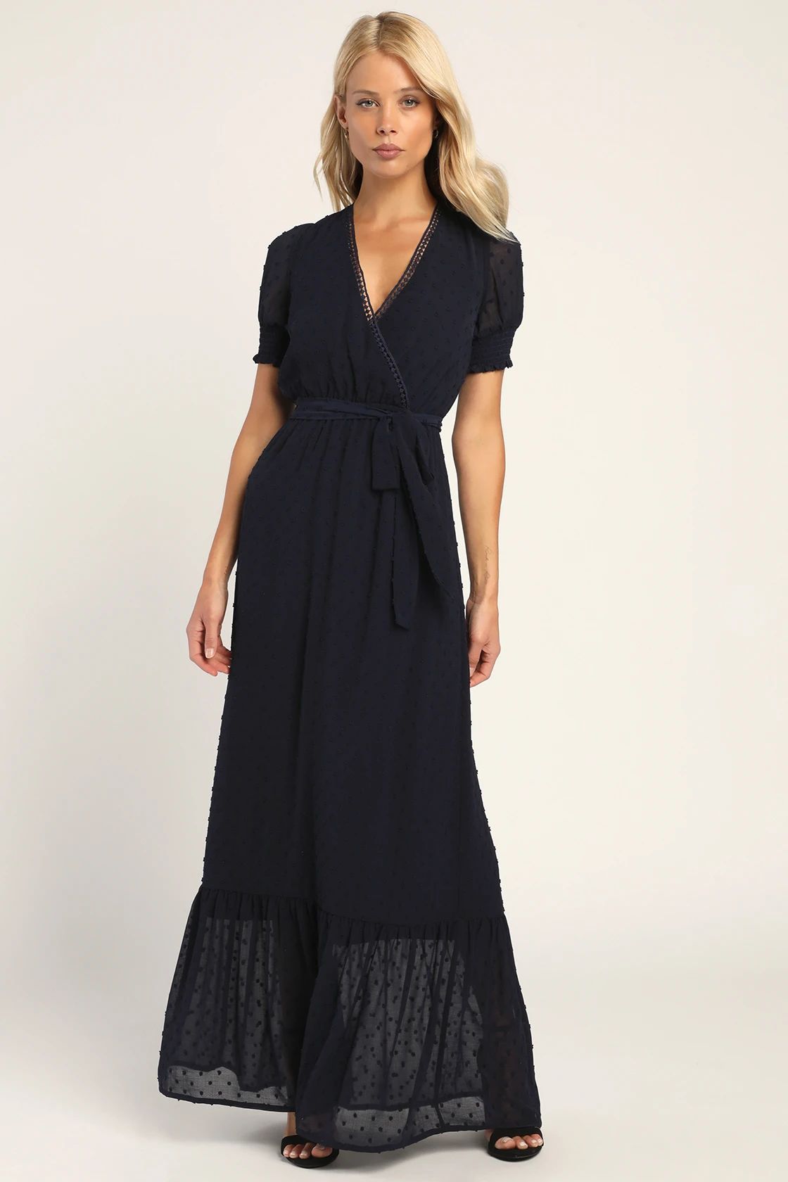 Falling Into You Navy Blue Swiss Dot Tiered Maxi Dress | Lulus (US)