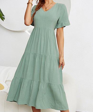 Elings Light Green Tiered Linen V-Neck Midi Dress - Women | Zulily