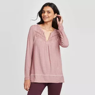 Women's Long Sleeve Split Neck Oil Wash Top With Pintucking Detail - Knox Rose™ | Target