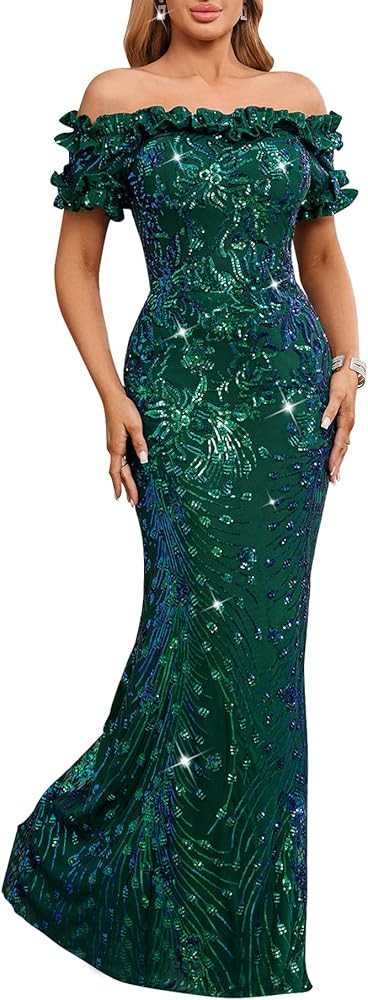 Women Sexy Sequin Off Shoulder Ruffle Short Sleeve Bodycon Mermaid Party Formal Evening Maxi Dres... | Amazon (US)
