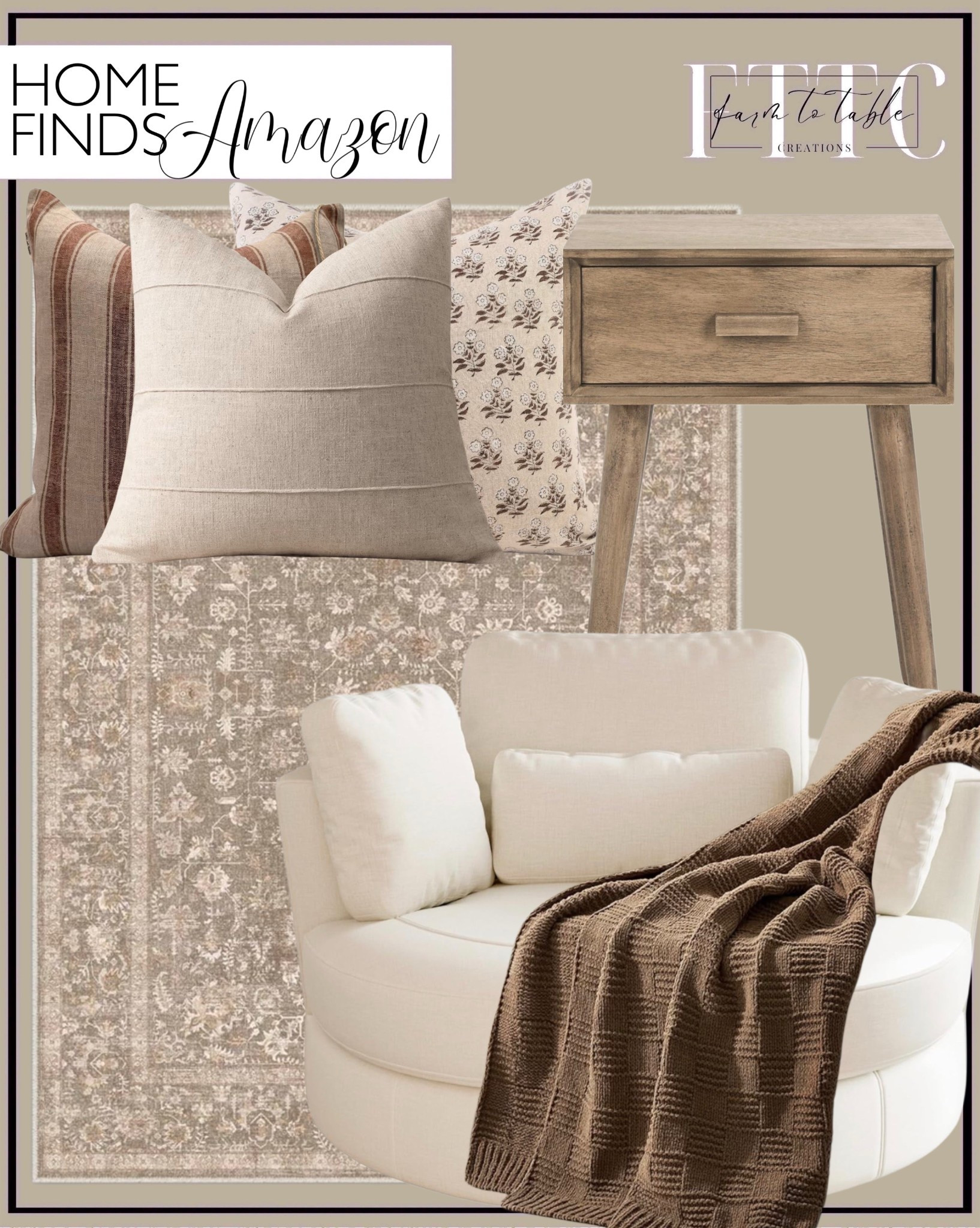 Amazon Neutral Living Room Finds You’ll Use Everywhere

Follow @farmtotablecreations on Instagram for more home finds and styling ideas.

These are the pieces that instantly pull a space together 🤍
From layered neutral pillows to a soft vintage-style rug and that warm wood side table… everything here mixes effortlessly for that cozy, elevated look.

The textures are what make this feel designer—linen, soft florals, subtle stripes, and that chunky knit throw for the perfect finishing touch. And the chair? Clean, simple, and one of those staples you can move from room to room.

Easy Amazon finds that look high-end without the guesswork.

#pillows #livingroomrug #accentchair #sidetable #throwblanket

neutral pillows | floral pillow | striped pillow | beige pillow | throw blanket | knit throw | accent chair | cream chair | living room chair | side table | wood side table | nightstand | area rug | neutral rug | vintage rug | living room decor | amazon home finds | cozy living room | neutral decor | home styling | layered textures | soft neutrals | beige decor | living room ideas | home finds

#LTKSaleAlert #LTKHome