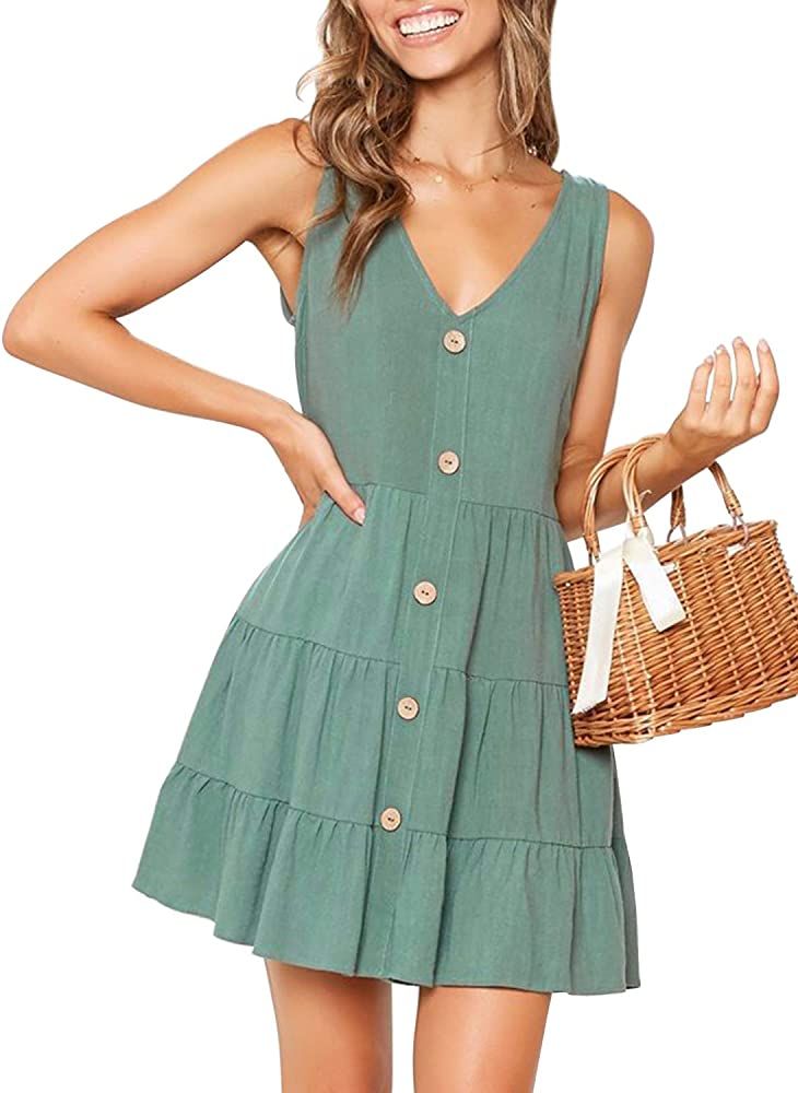 Women's Summer Sleeveless V Neck Button Down Casual Pocket Swing Short Dress | Amazon (US)