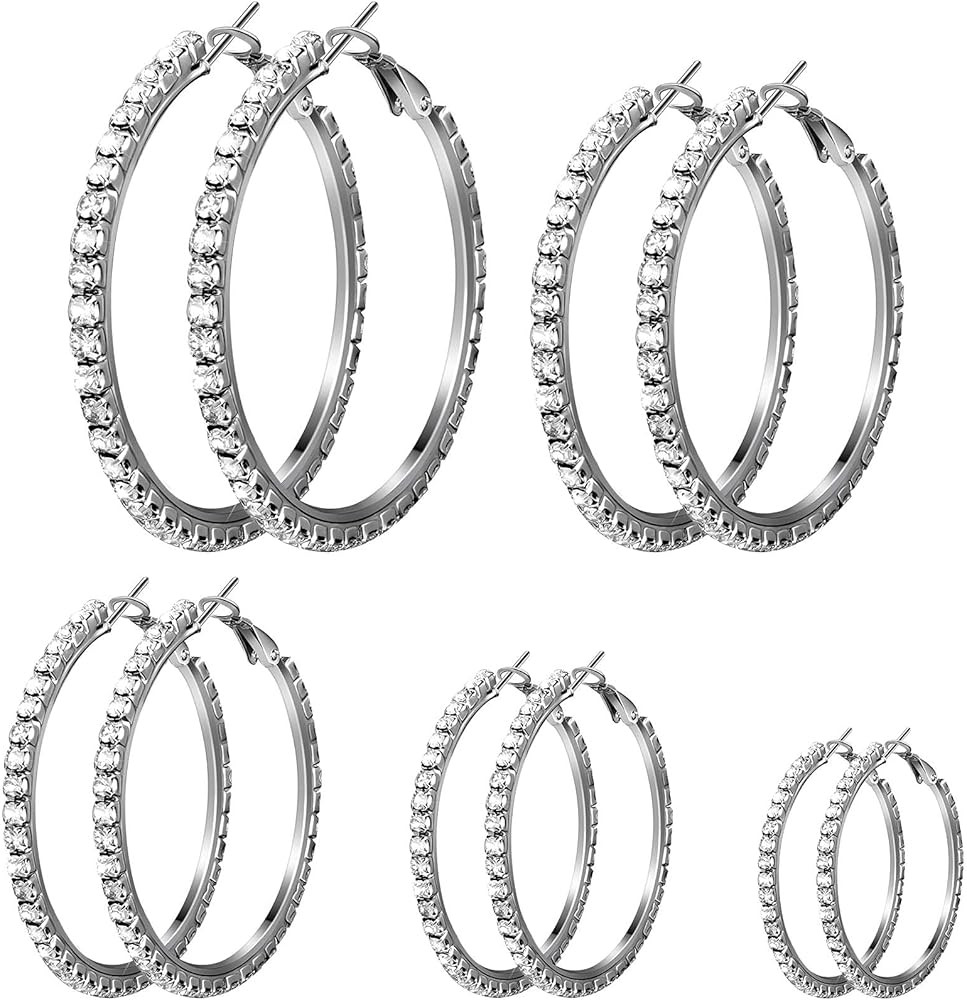 5 Pairs Large Crystal Hoop Earrings Set Big Shiny 3-7 cm Round Party Earrings Lightweight Rhinest... | Amazon (US)