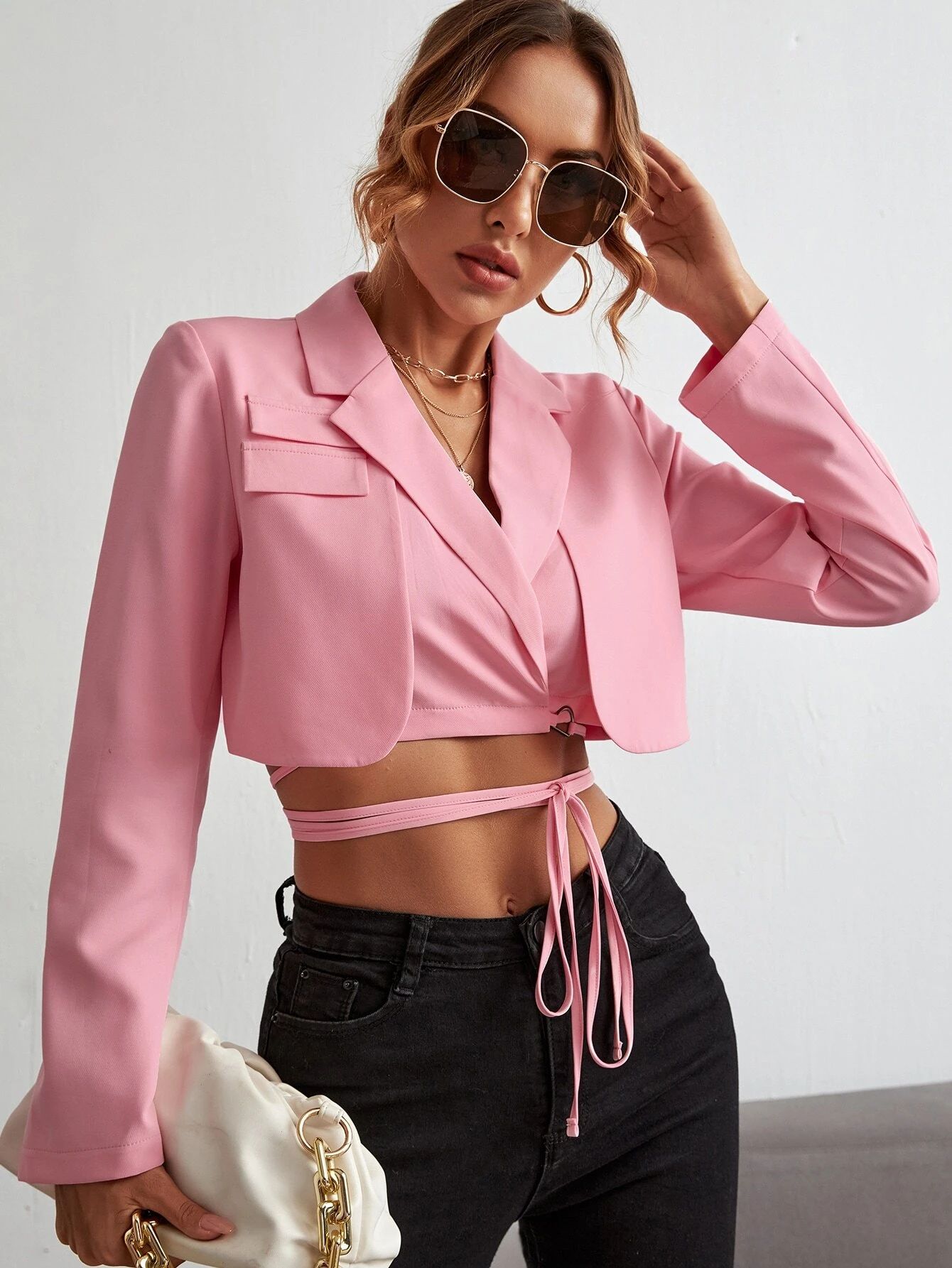 Lapel Neck Crisscross Knot Front Crop Blazer | SHEIN