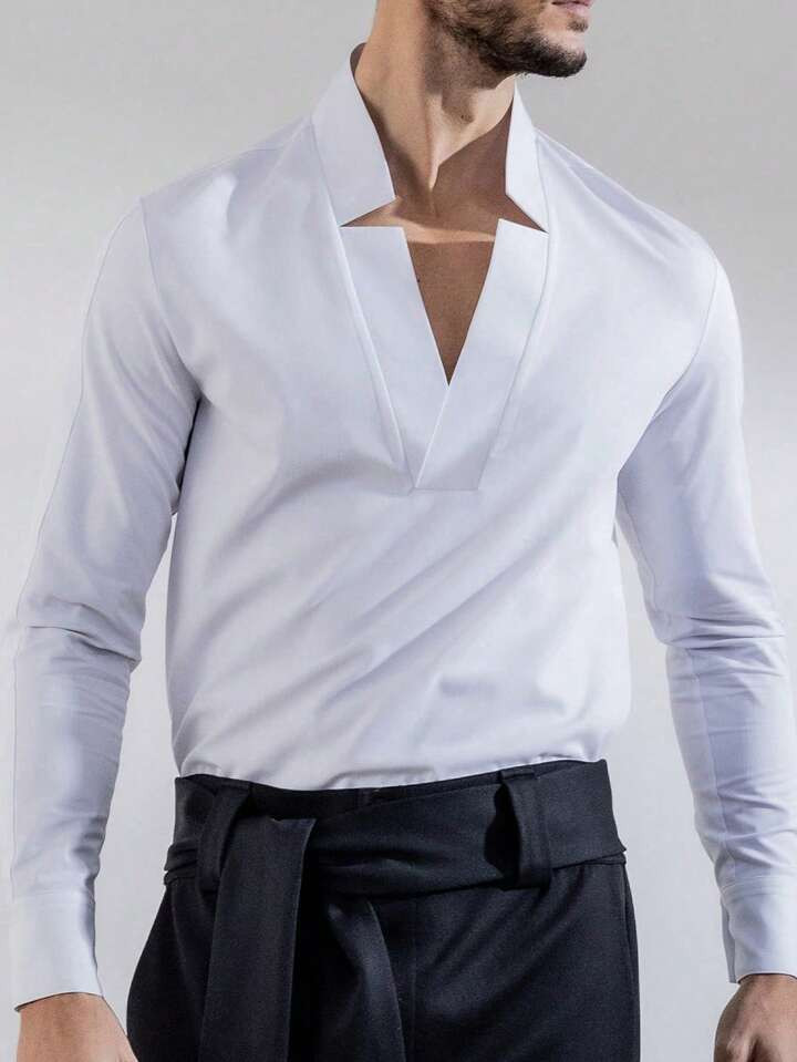 Men'S Fashionable Vacation Style V-Neck Casual Long Sleeve Shirt | SHEIN