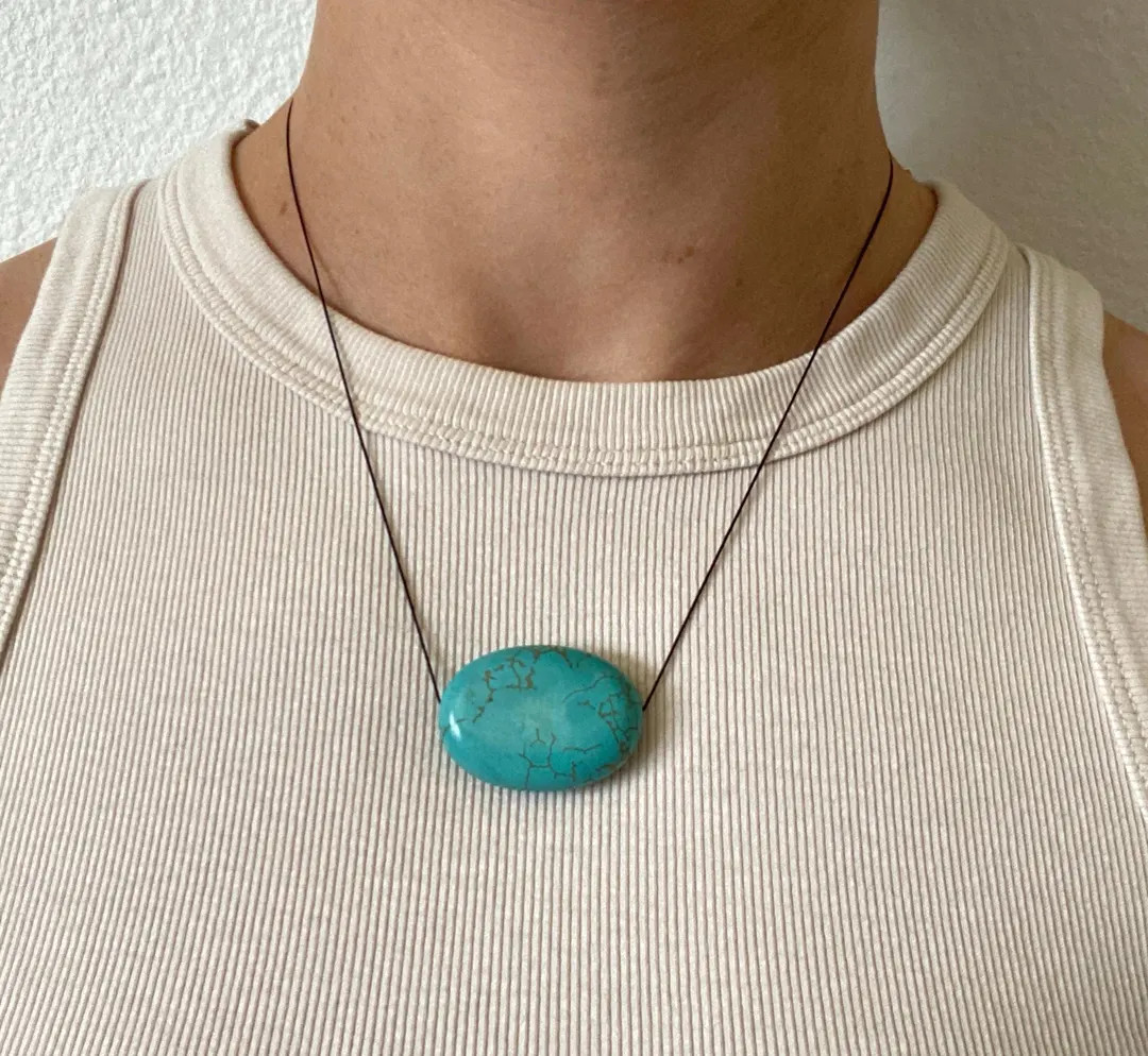 Turquoise Blue Slice Oval Bead Black Cord Adjustable Necklace - Etsy | Etsy (US)