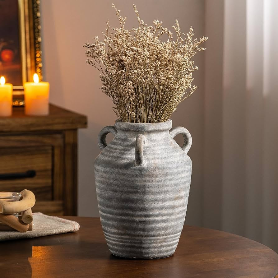 Black Terracotta Ceramic Vase with Handles, Vintage Rustic Pottery Vases for Table Centerpiece, C... | Amazon (US)