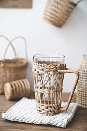 RISEON Vintage Rustic Hand-Woven Bamboo Rattan Cup Holder Coasters Drink Holder Stand Clear Glass Cu | Amazon (US)