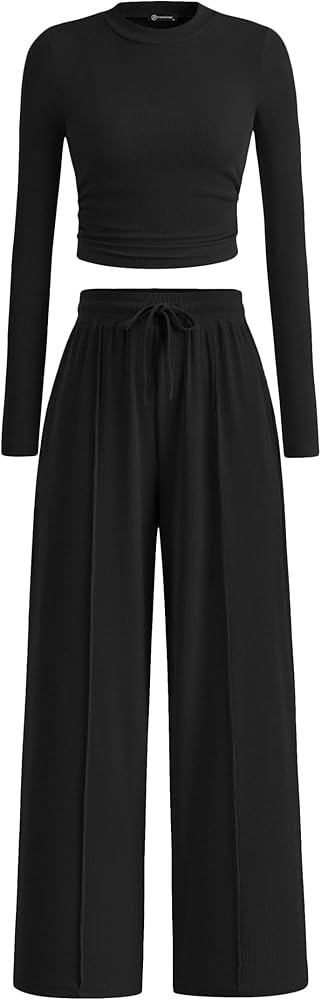 PRETTYGARDEN Womens 2 Piece Long Sleeve Crop Top Wide Leg Palazzo Pants Set | Amazon (US)