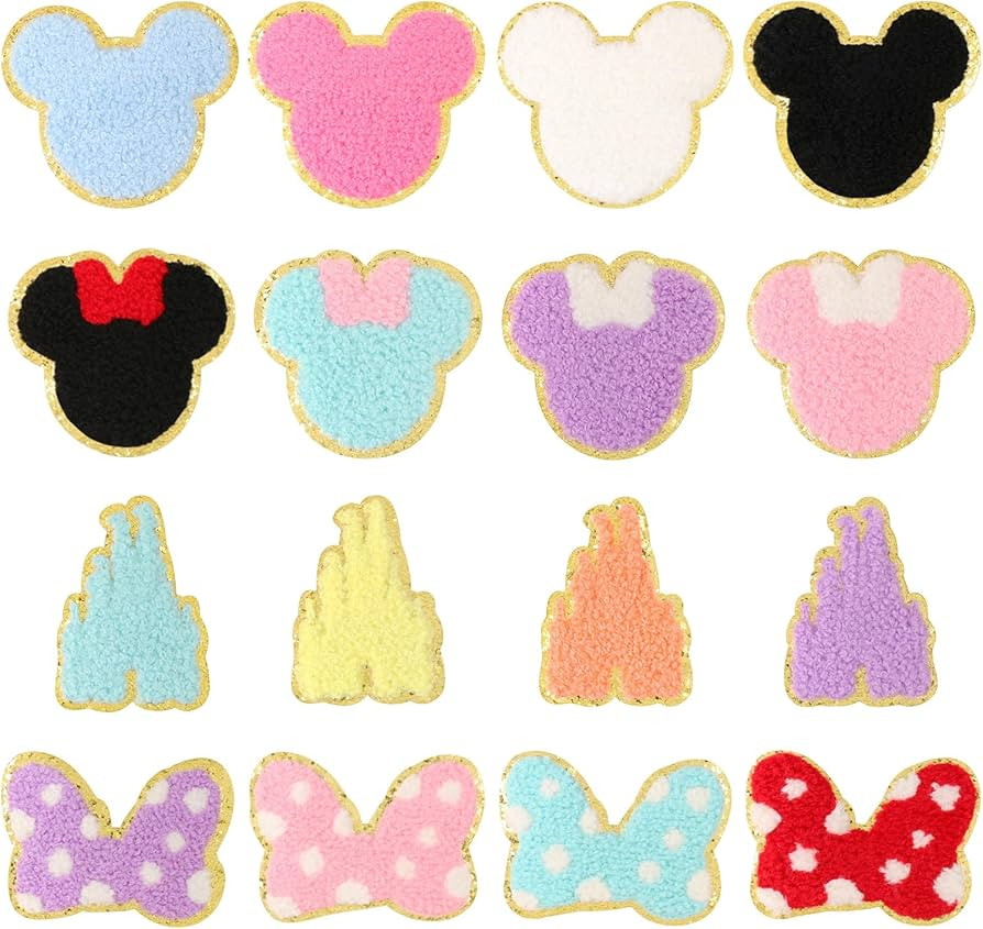 16 Pcs Chenille Mouse Patches, EVERMARKET Cute Iron on Mouse Head Bows Castle Patches Chenille Em... | Amazon (US)