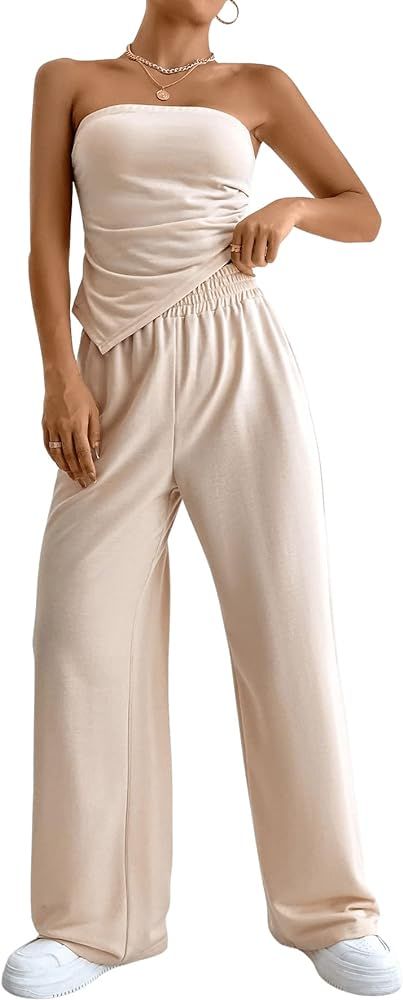 SHENHE Women's 2 Piece Outfits Asymmetrical Strapless Sleeveless Bandeau Tube Top and Pants Set | Amazon (US)