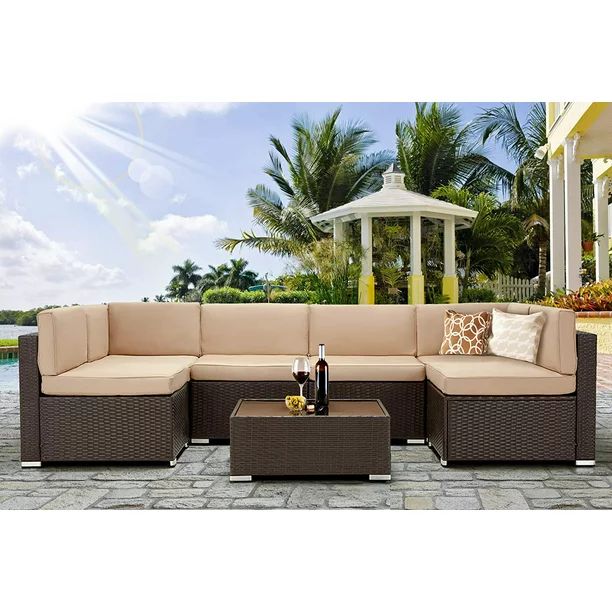 Danrelax 7-Piece Outdoor Sectional Sofa Patio Conversation Set, PE Rattan Wicker Furniture, Steel... | Walmart (US)