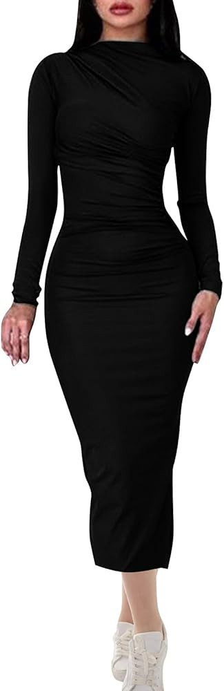 wadyob 2025 Spring Long Sleeve Dress for Women Sexy Wrap Bodycon Dresses Basic Solid Color Casual... | Amazon (US)