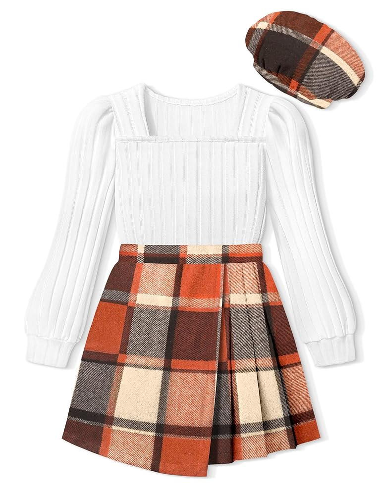NECIOUS Girls Skirt Set Square Neck Puff Sleeve Shirt Tops Plaid Mini Skirt Shorts with Beret 3 P... | Amazon (US)