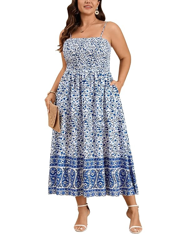 CICIDUDU Plus Size Spaghetti Strap Summer Boho Floral Dress Beach Sleeveless Sundress Smocked Max... | Amazon (US)