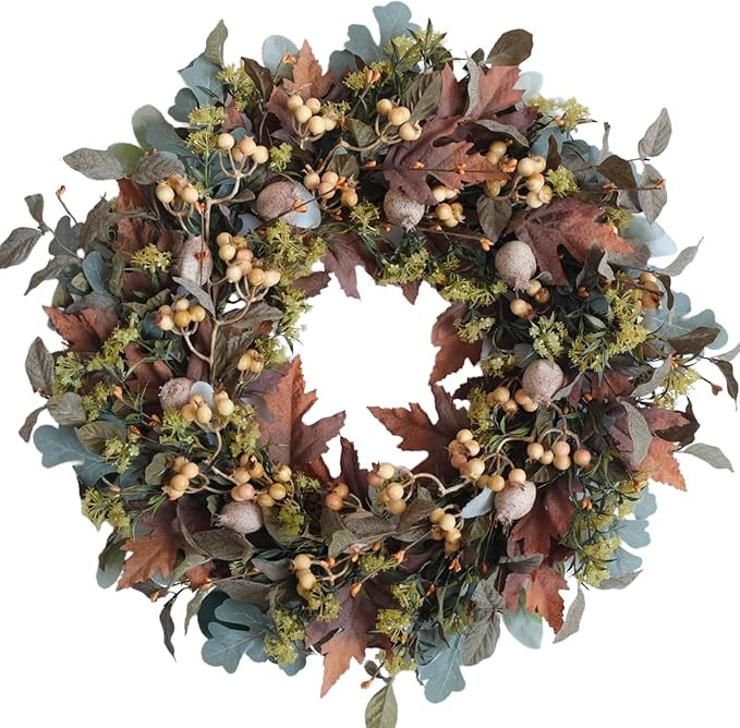24-inch Fall Wreath Handcrafted Brown Green Maple Leaves White Fruits Fall Wreath Front Door Fire... | Amazon (US)