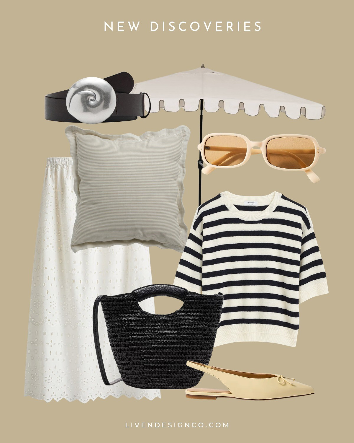 New discoveries. Style. Home decor. Scalloped pillow. Maxi skirt. Eyelet skirt. Yellow flats. Straw woven handbag. Shell conch belt. Outdoor patio umbrella. Striped short sleeve sweater. Yellow sunglasses 

#LTKSeasonal #LTKHome #LTKSaleAlert