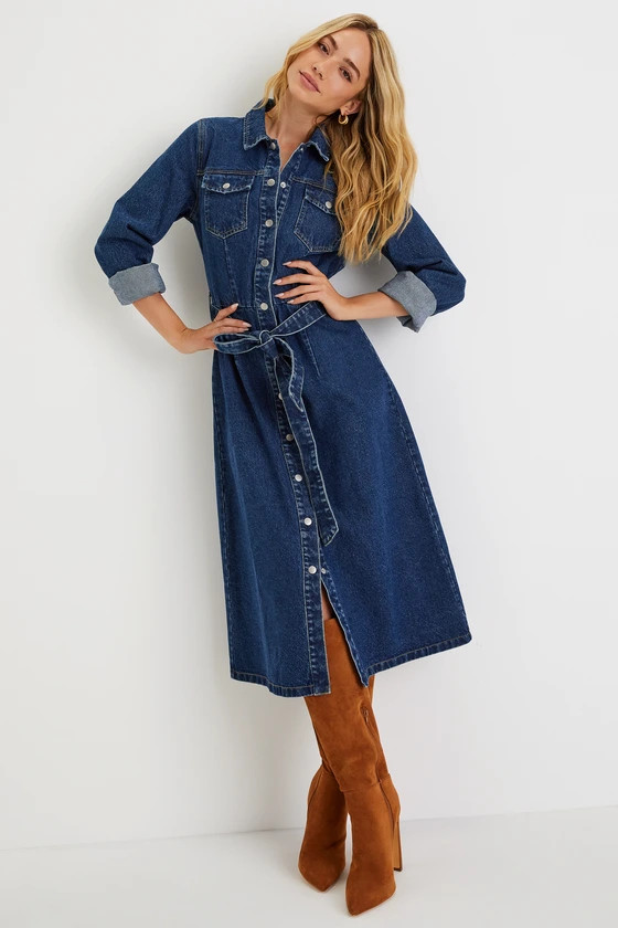 Edgy Instinct Dark Wash Denim Long Sleeve Midi Dress | Lulus