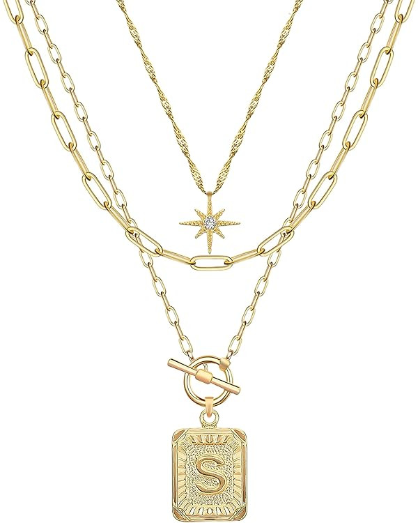 MJartoria Layered Initial Necklaces for Women Trendy, 14K Gold Plated Simple Star Choker Square L... | Amazon (US)