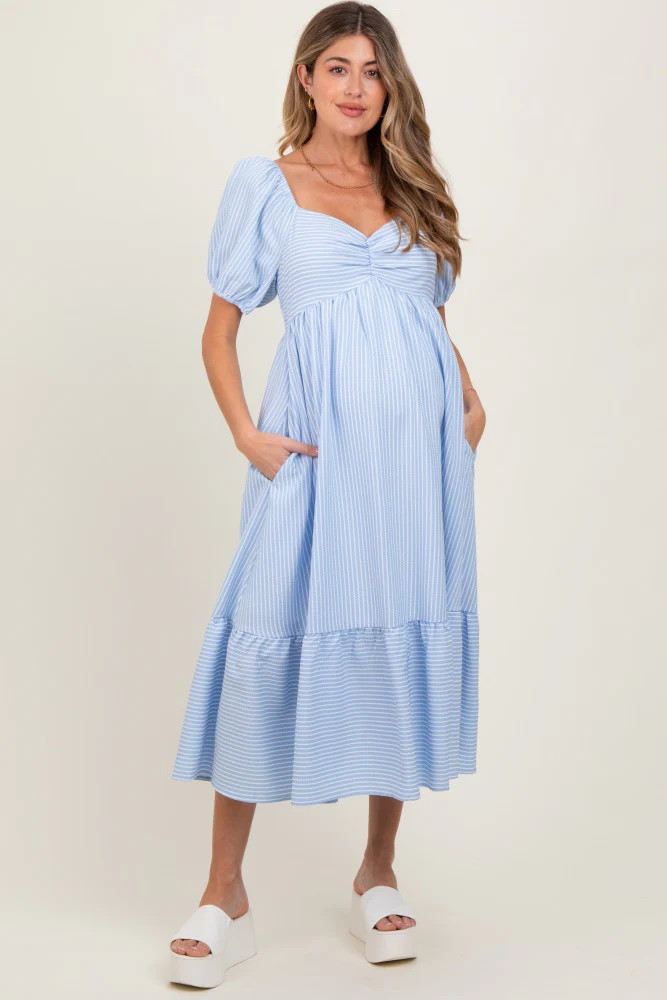 Light Blue Sweetheart Stripe Smocked Back Maternity Midi Dress | PinkBlush Maternity