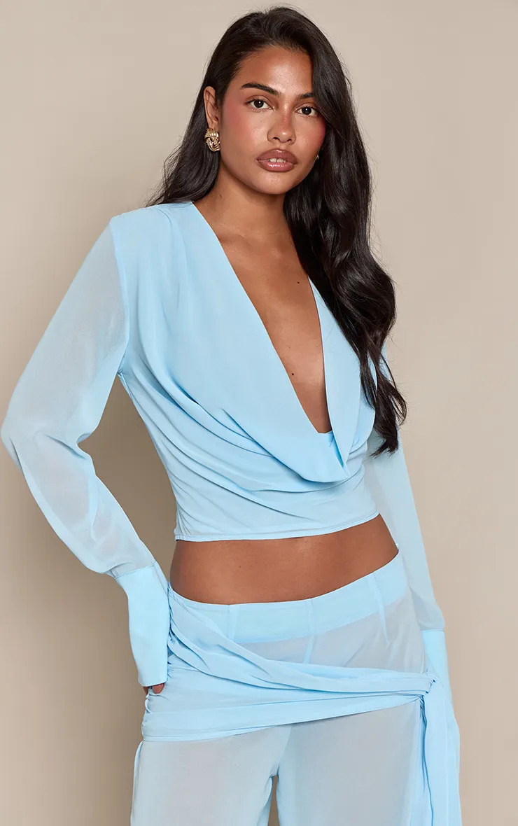 Blue Chiffon Cowl Neck Tight Sleeved Top Co-ord | PrettyLittleThing UK