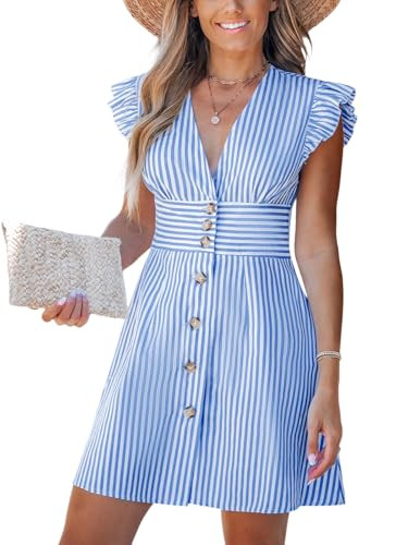 CUPSHE Women's Striped Summer Dresses V Neck Casual Mini Dress Flutter Sleeve Ruffle Button Sundresses Blue L | Amazon (US)
