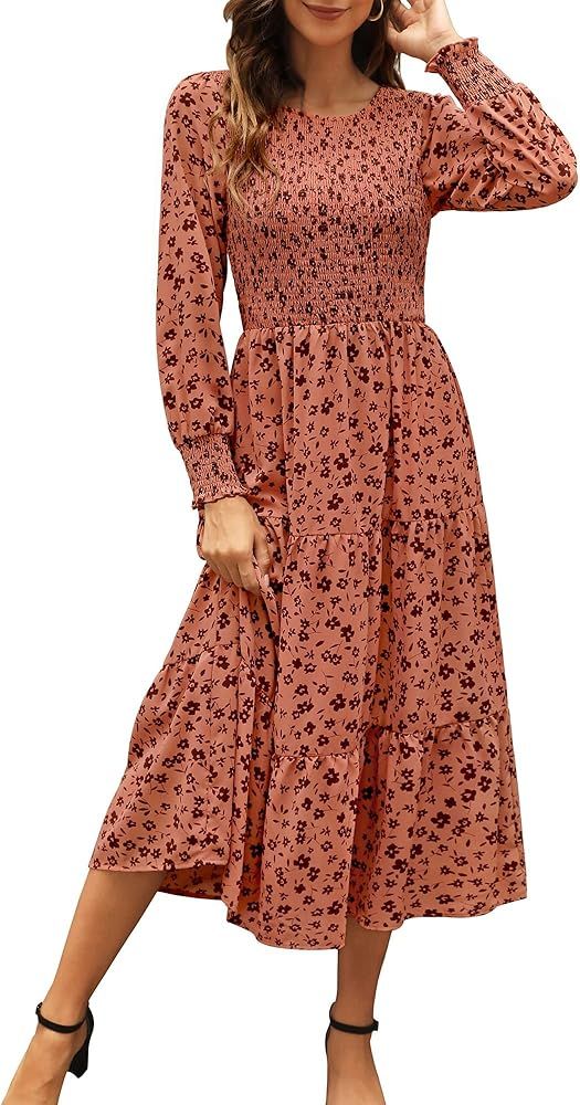 Maggeer Women Fall Long Sleeve Smocked Bodice and Cuffs Floral Tiered Midi Dress with Pockets | Amazon (US)