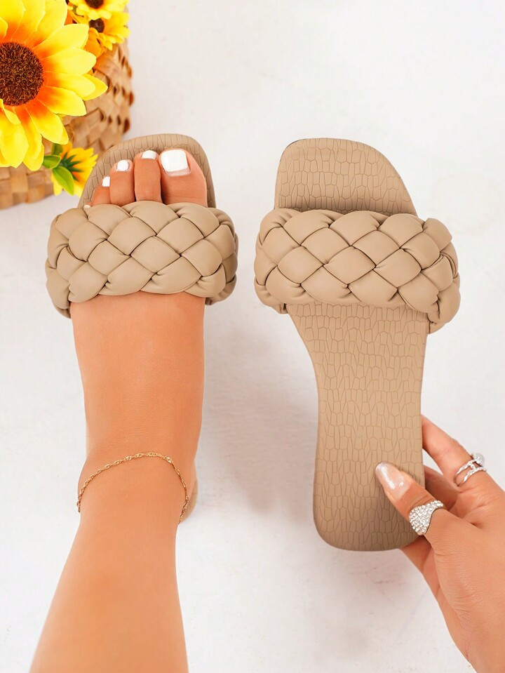 Women's Fashionable Casual Vacation Style Pointed Toe PU Open-Toe Comfortable Summer Beige Flat S... | SHEIN