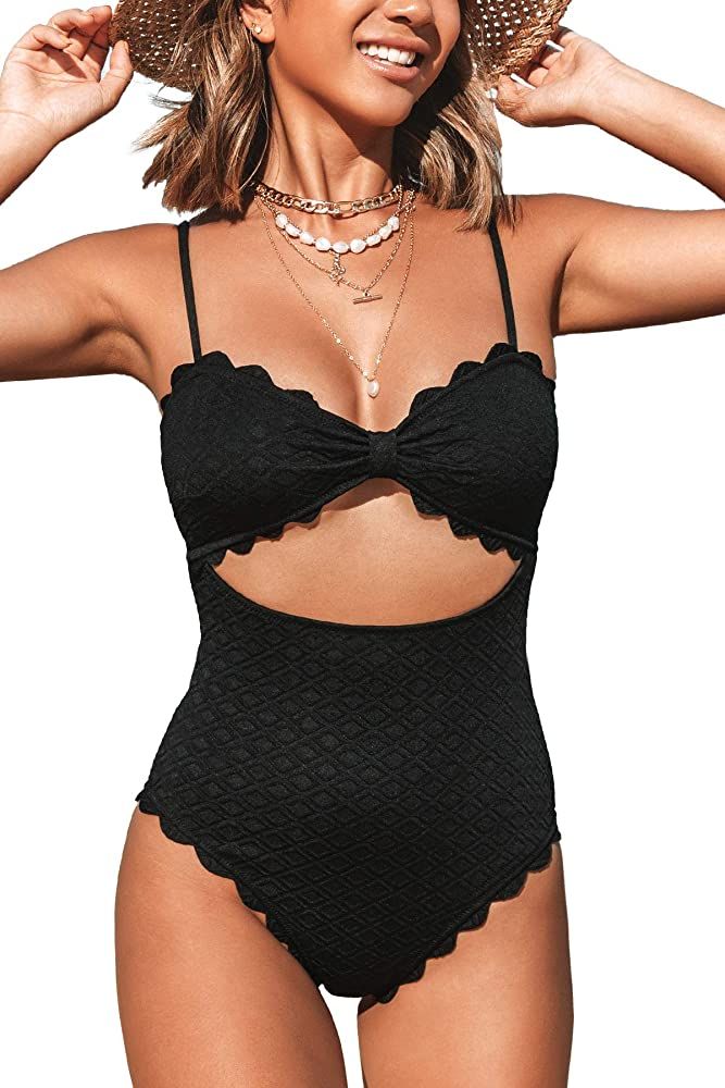 CUPSHE Women's One Piece Swimsuit Sexy Black Cutout Scallop Trim Bathing Suit, L at Amazon Women’s C | Amazon (US)