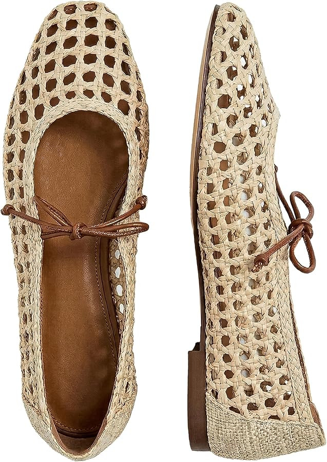 Women Woven Mesh Ballet Flats Raffia Lace up Ballerina Mary Jane Flats Fashion Casual Slip on Sho... | Amazon (US)