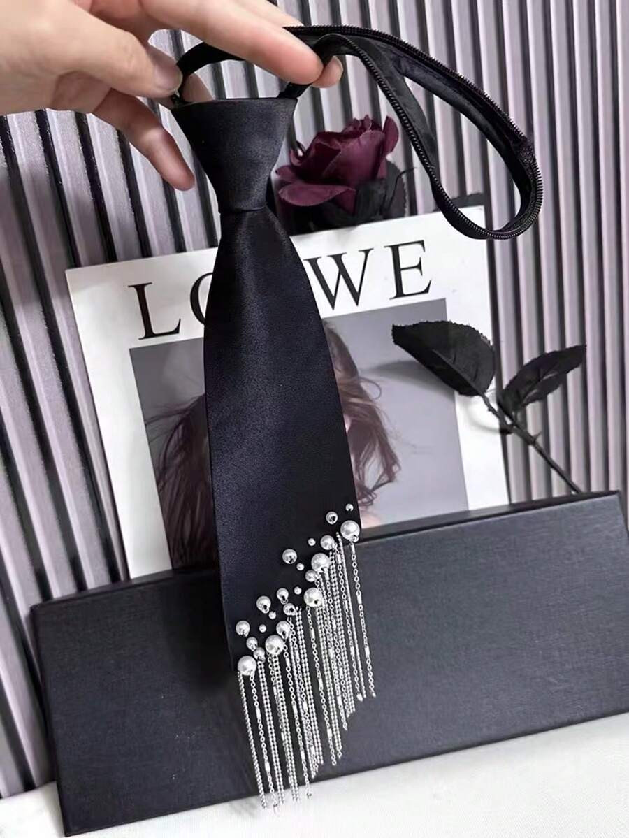 2025 New Design Fringed Tie For Women, Korean Faux Pearl Slouchy No-Tie Necktie To Match Shirt, B... | SHEIN