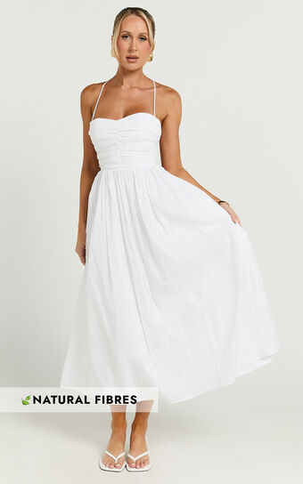 Caroline Midi Dress - Strapped Ruched Bodice Gathered Skirt Dress in White | Showpo (ANZ)