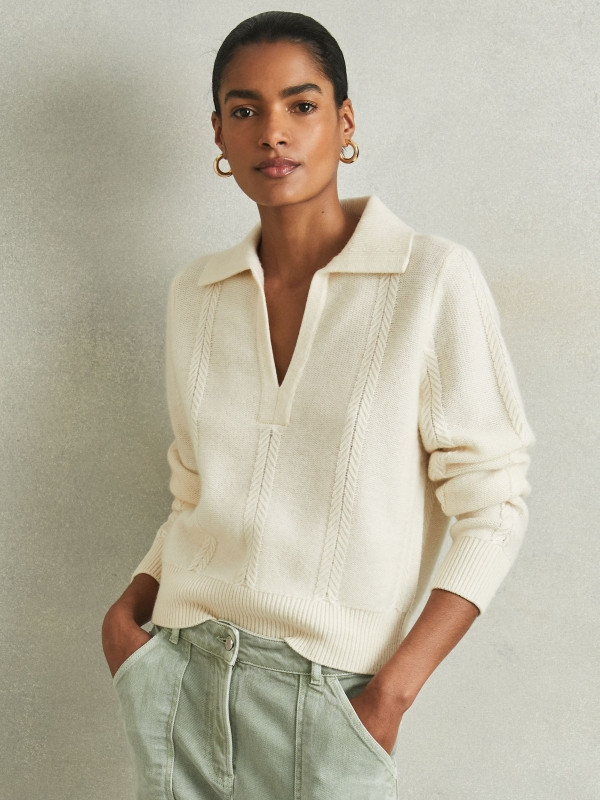 Jessy
                Wool-Cashmere Cropped Open-Collar Jumper | Reiss UK